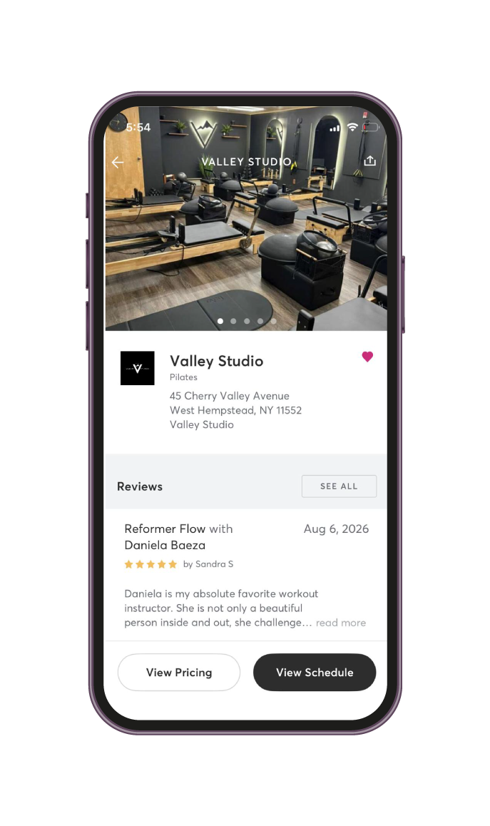 Phone showing the Valley Studio booking listing with class reviews, pricing and schedule buttons