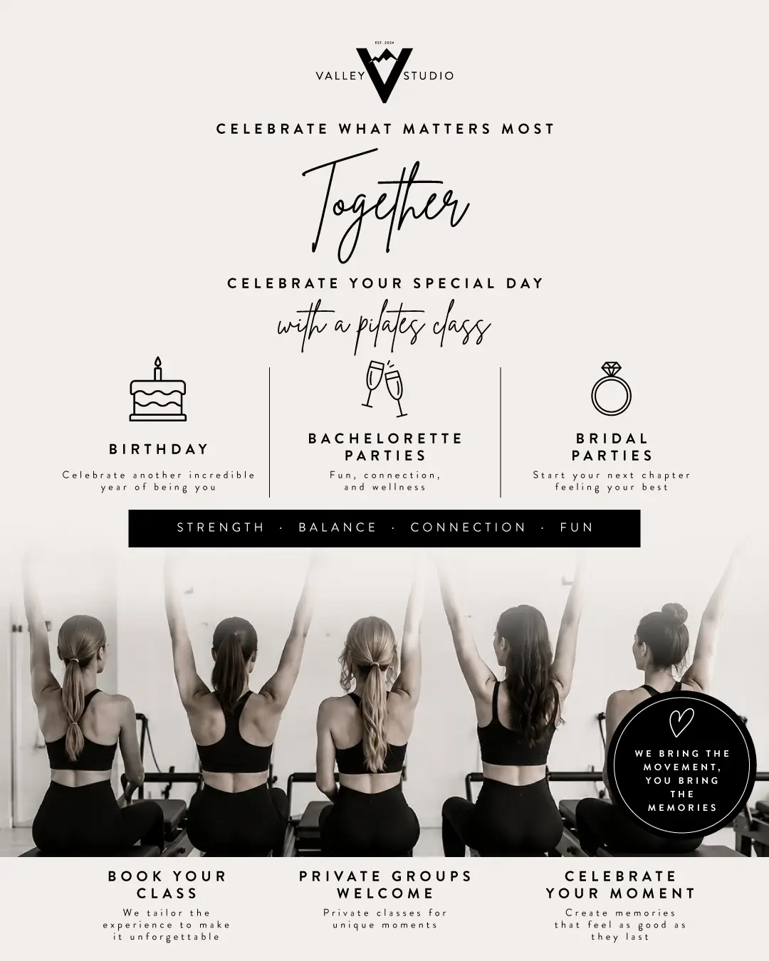 Private group Pilates celebration set up in the Valley Studio room