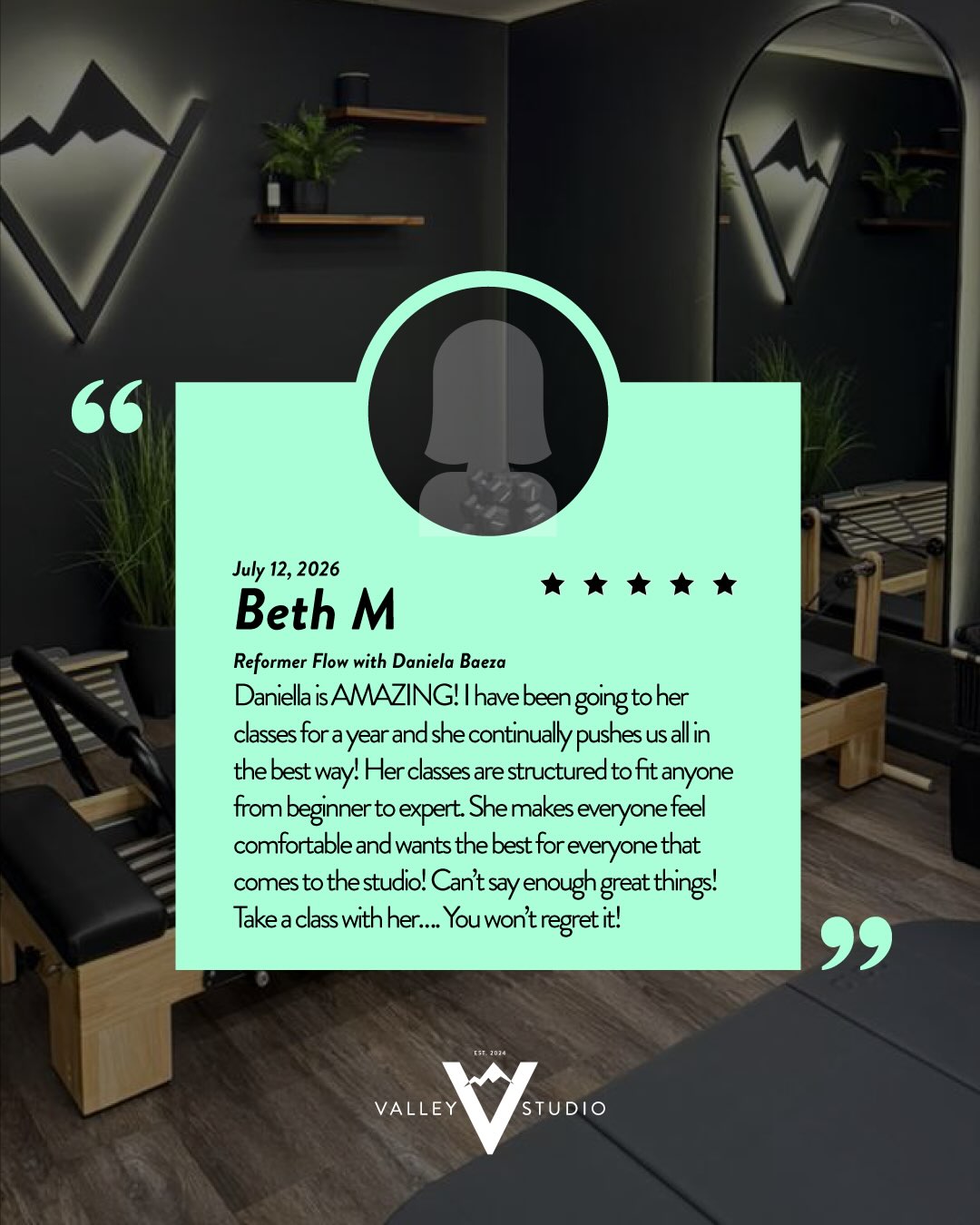 Five-star client review card from Beth M for Valley Studio